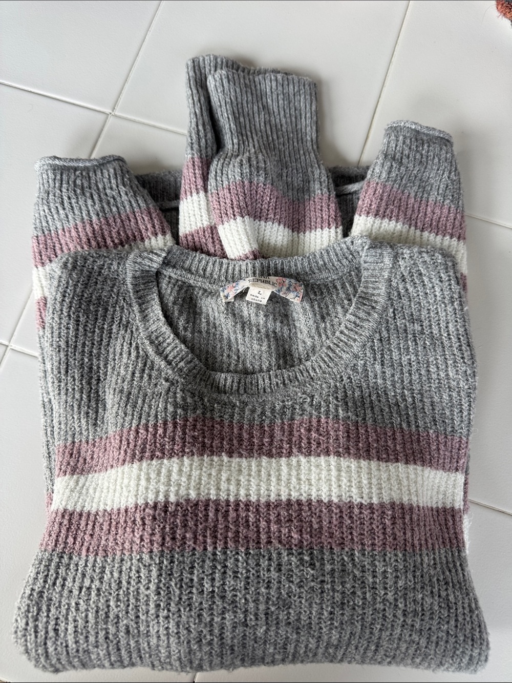 Pink Republic Gray Crewneck Sweater with Pink and Cream Stripes
